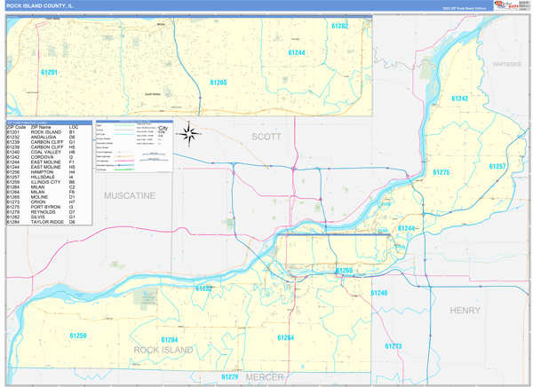 Rock Island County IL Zip Code Wall Map Basic Style By MarketMAPS 